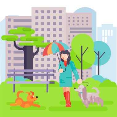 Kız köpekle parkta yürüyor, vektör çizimi. Şehirde hayvan besleyen genç kadın karakter doğa geçmişi var..