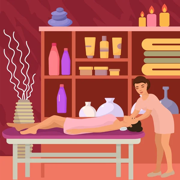 Masszázs a nő, pihenjen a spa szalon vektor illusztráció. Szépség testápolás és egészségügyi kezelés, szabadidő a bőr és rekreáció. — Stock Vector