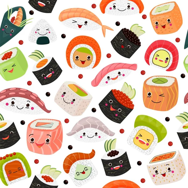 Σούσι καρτούν γιαπωνέζικο φαγητό, διανυσματική απεικόνιση. Χαριτωμένο σασίμι σολομού με ρύζι, θαλασσινά σε λευκό φόντο. Κουζίνα με φύκια — Διανυσματικό Αρχείο