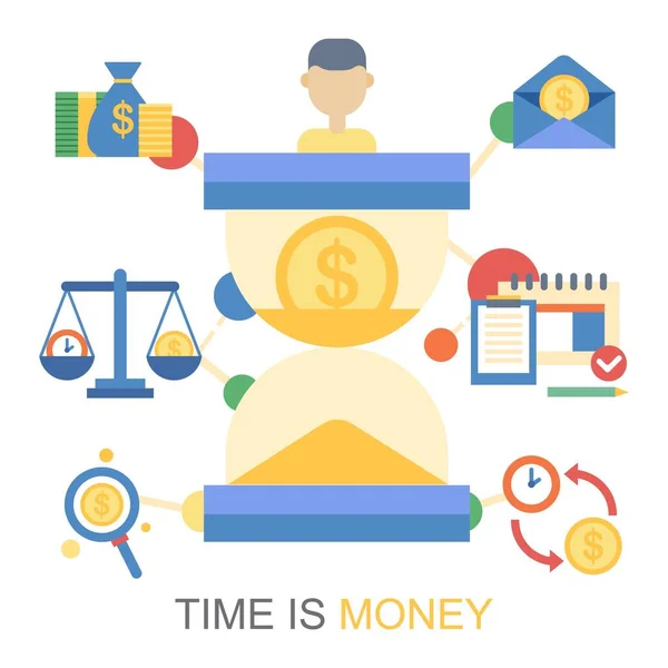Время бизнес за деньги, финансы песочные часы концептуальной векторной иллюстрации. Часы баланс символ успеха работы. Мультфильм финансовый — стоковый вектор