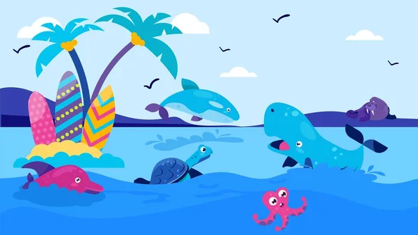 Havet tecknad djur nära Islan, vektor illustration. Undervattens natur delfin, fisk marin med natur tropisk korall bakgrund. — Stock vektor