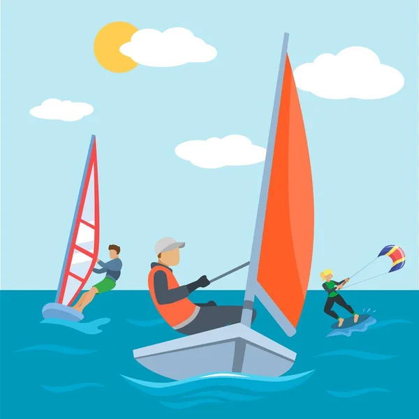 Water sport at sea, kite and surfing activity vector illustration. Extreme surfer people character have active fun at summer beach