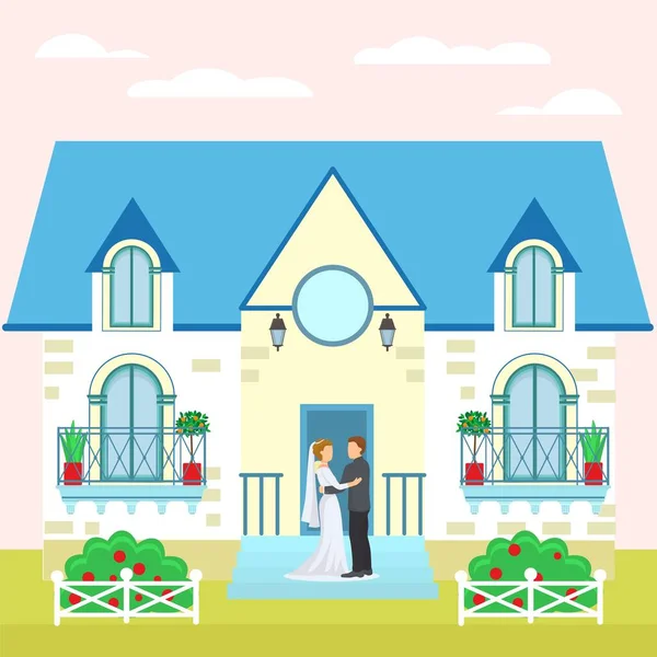 Pasangan pernikahan di dekat rumah, ilustrasi vektor pengantin pria dan wanita. Perayaan Kartun bahagia, orang-orang romantis jatuh cinta dekat bangunan - Stok Vektor