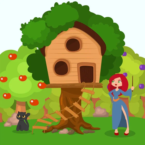 Häxa nära hemmet vid trädet, svart katt karaktär vektor illustration. Läskig halloween scen, kvinna i hatt nära tecknad hus. — Stock vektor