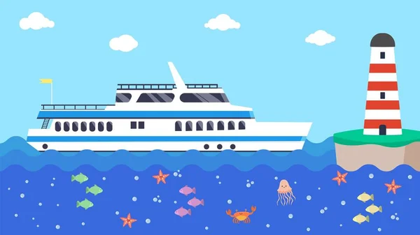 Kreuzfahrtschiff im Meer in der Nähe des Leuchtturms, Vektorillustration. Schiffsreisen in Karikaturen Ozean, Welle Wasser marine. Urlaub blauer Hintergrund — Stockvektor