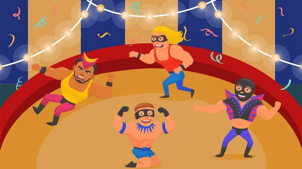 Wrestling sport, strong man action vector illustration. Athletenfigur im Kostümkampf, männlicher Cartoon-Kampf. — Stockvektor