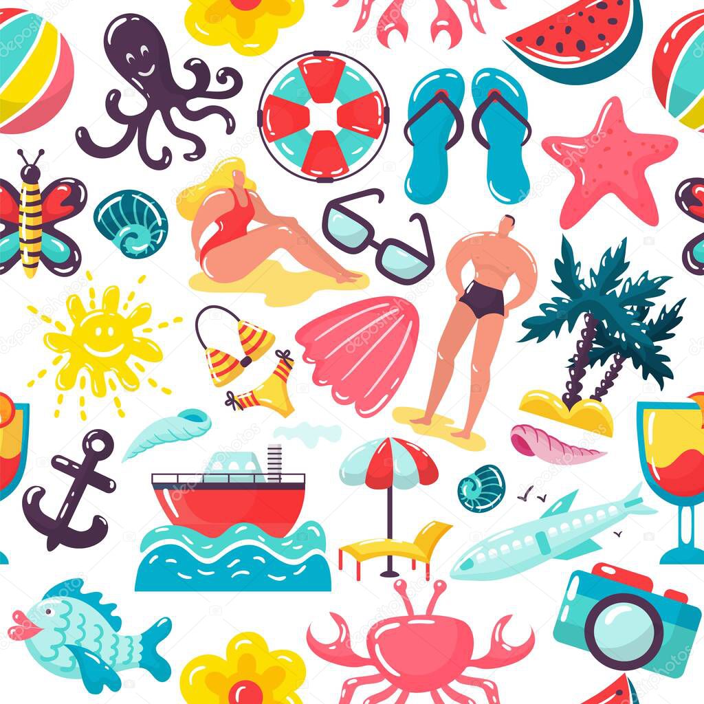 Summer vacation travel pattern design, vector illustration. People man woman in swimsuit seamless background, holiday leisure.
