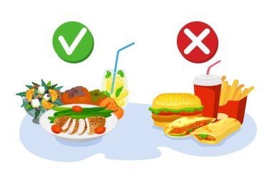 Sağlıklı ve fast food tercihi, iyi beslenme ya da burger, vektör çizimi. Kilo için sağlıklı bir yaşam tarzı. Sağlıksız