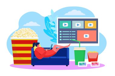 Film çevrimiçi konsepti, vektör çizimi. Kanepede film izleyen kadın karakter, video eğlence teknolojisi. Düz televizyon