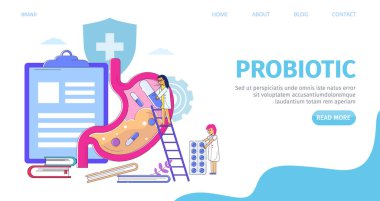Probiyotik inişi ve vektör illüstrasyonlu sindirim sistemi. Bağırsak hastalığı için düz ilaç bakterisi, afiş