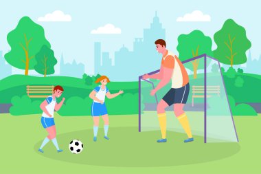 Park futbolu, spor aile temsilciliği. Oğul, kız ve baba karakteri birlikte futbol oynuyorlar..