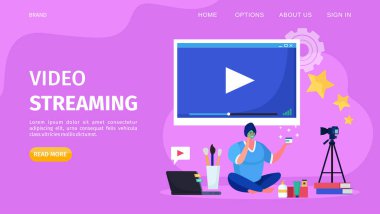 Güzellik çevrimiçi video yayını, vektör illüstrasyonu. Kanal web sayfası için internet blogcusu kadın karakter kaydı öğreticisi.