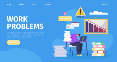 İş yeri sorunları, vektör illüstrasyonu. Stresli bir iş adamı karakteri, yorgun bir çalışanın son teslim tarihi var. Yönetici