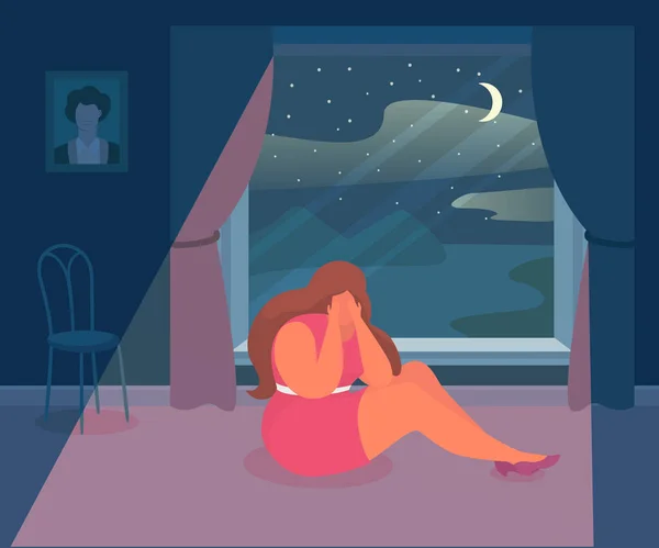 Kvinna ledsen depression, vektor illustration. Tecknad isolerad person deprimerad och sorg känslor, platt ensam karaktär. Sorgsenhet — Stock vektor