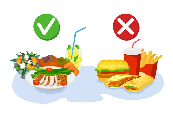 Scelta sana e veloce, buona alimentazione o hamburger, illustrazione vettoriale. Dieta stile di vita sano per un buon peso. Malsano — Vettoriale Stock