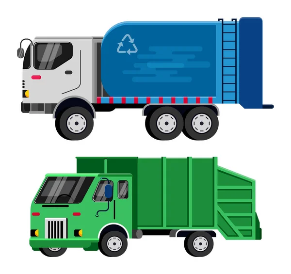 Avfall lastbil vektor skräp fordon transport illustration återvinning avfall ren service van bil industri rengöring skräp lastbil återvinning behållare isolerad på vit bakgrund — Stock vektor