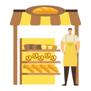 Önlükteki profesyonel fırıncı erkek karakter fırın ürünü, kentsel market büfesi, ticaret somunu ve pastayı beyaz, düz vektör illüstrasyonunda izole ediyor..