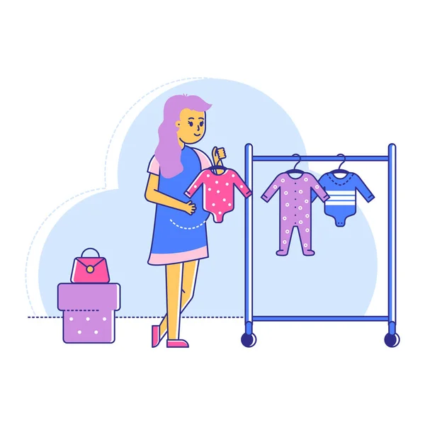 A finales del período de embarazo mujer seleccionar niños ropa centro comercial, línea personaje femenino mantener ropa recién nacido aislado en blanco, ilustración vectorial plana. — Vector de stock