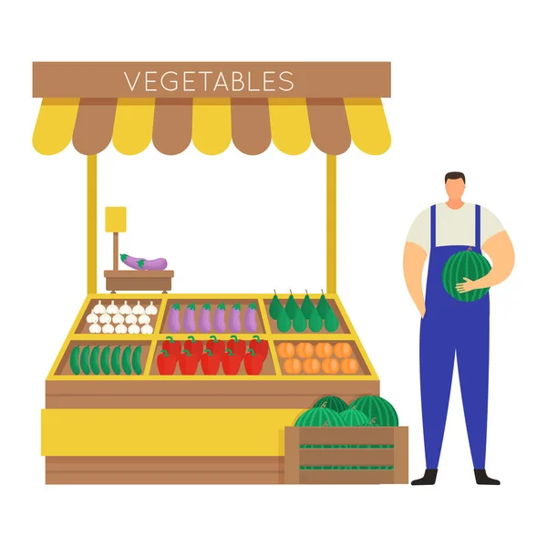 Hombre agricultor carácter vender verduras auto crecido, mercado de la calle concepto y puesto aislado en blanco, ilustración vectorial plana. Hombre mantenga sandía. — Archivo Imágenes Vectoriales