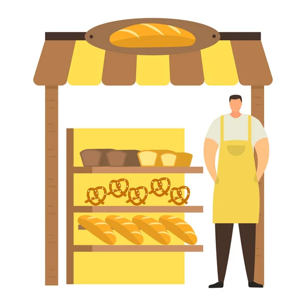Carácter masculino panadero profesional en delantal vender productos de panadería, quiosco urbano de la tienda de la calle, pan de comercio y pastelería aislado en blanco, ilustración de vectores planos. — Archivo Imágenes Vectoriales
