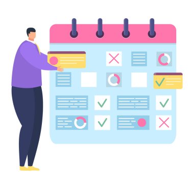 Minik erkek karakter standı iş programcısı, profesyonel zaman yöneticisi beyaz, düz vektör illüstrasyonunda izole. Bilgi endüstrisi iş görevi.