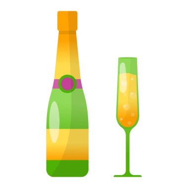 Yeşil şişe şarap, altın sarısı, köpüklü şampanya. Beyaz, düz vektör illüstrasyonuna izole edilmiş doğum günü partisi elementi..