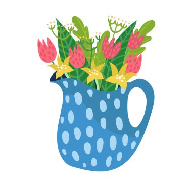 Bahçe çiçekli bahar seramik sürahisi, bahar havası yabani çiçekleri beyaz, düz vektör illüstrasyonunda izole edilmiş. Orman amcasının sürahisini tasarla..