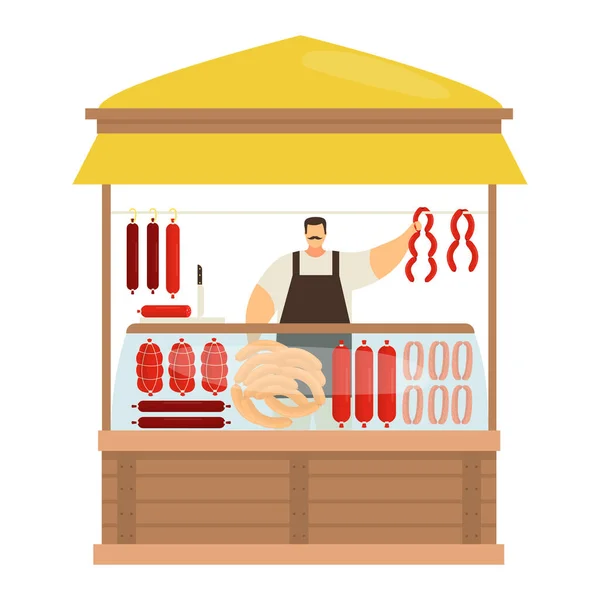 专业的男装肉店、肉制品和香肠商铺、街头摊位出售用白色、扁平的病媒图解隔开的半成品肉. — 图库矢量图片