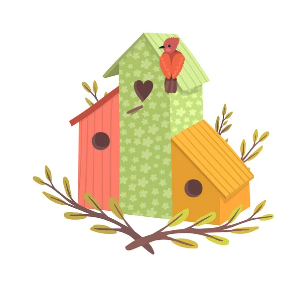 Dekorativní ptačí ručně vyrobený dům, domov pro volně žijící zvířata charakter drůbeže izolované na bílém, kreslené vektorové ilustrace. Útulný modrý hnízdící box. — Stockový vektor