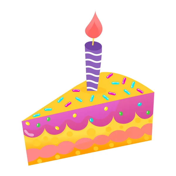 Вкусный праздничный торт с праздничной свечой, праздничная выпечка день рождения элемент изолирован на белом, плоский вектор иллюстрации. — стоковый вектор