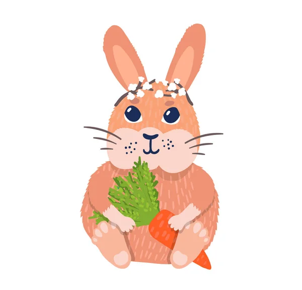 Симпатичный персонаж кролика сидит держать морковь, пасхальный кролик отдыха в цветочной тиаре изолированы на белом, плоский вектор иллюстрации. — стоковый вектор