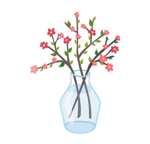 Jarro transparente de vidro de primavera com flor de galho, flósculo selvagem de humor de primavera isolado na ilustração vetorial branca e plana. Desenho galho árvore jovem . — Vetor de Stock