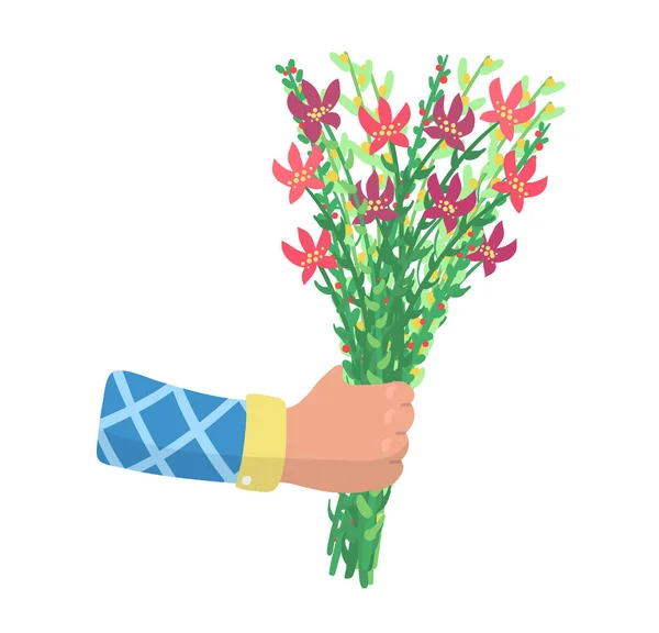 Männliche Hand hält Frühlingsblütenblume, männlicher Arm gibt Geschenk Strauß Pflückfeld Blümchen isoliert auf weißem, flachem Vektor Illustration. — Stockvektor