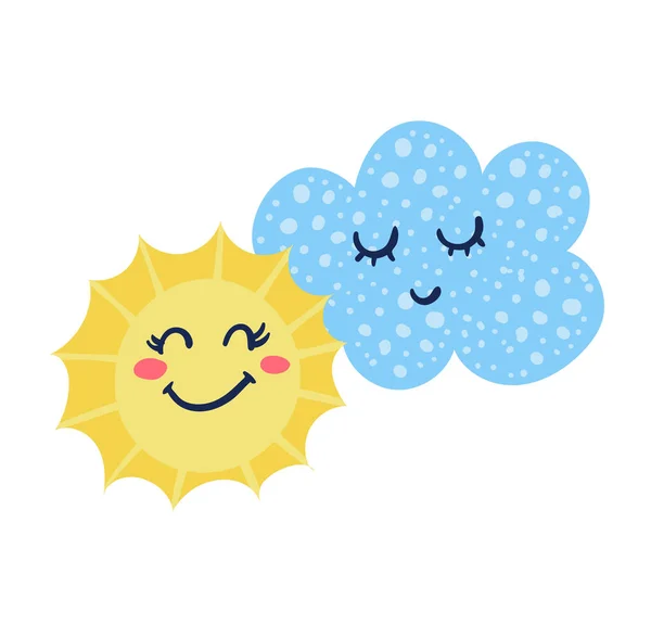 Cute character sun, cloud enjoy springtime weather, warm meteorological condition isolated on white, flat vector illustration. — Stock Vector