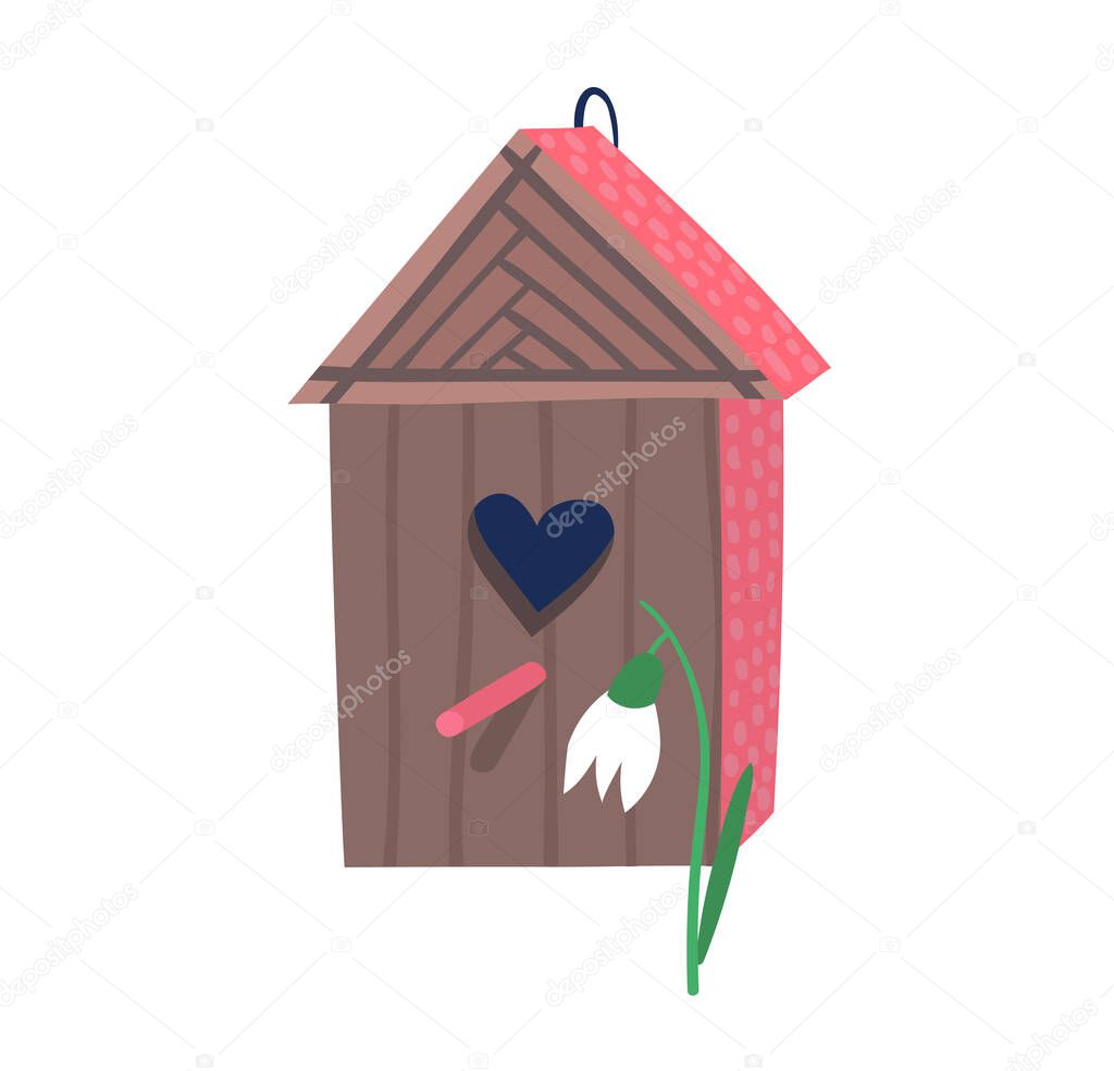 Decorative bird handmade house, home for wildlife character poultry isolated on white, cartoon vector illustration. Cozy blue nesting box.
