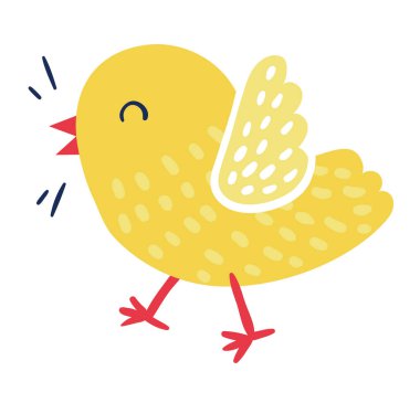 Cute domestic bird yellow joyful cheerful chick character, little bird tweet isolated on white, flat vector illustration. Springtime born new life. clipart