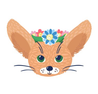 Bahar çiçeğinde dinlenen sevimli vahşi tilki karakteri, beyaz yapraklı çelenk, çizgi film vektör çizimi. Bahar zamanı vahşi yaşam hayvanı.