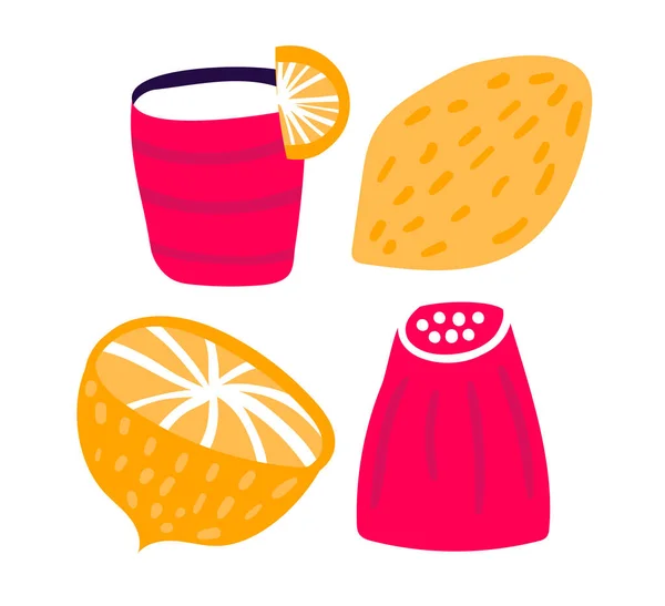Φέτα πορτοκάλι φωτεινό με smoothie ποτό, φυσική οικολογία εσπεριδοειδών χυμό νόστιμο συγκομιδή, απομονώνονται σε λευκό, εικονογράφηση φορέα κινουμένων σχεδίων. — Διανυσματικό Αρχείο