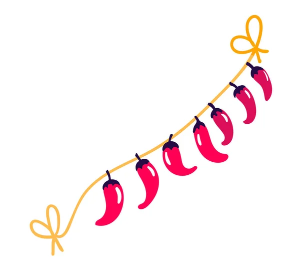 Varm röd paprika hängande med tråd, begrepp mexikanska semester grejer, fem kan fira festival isolerad på vit, tecknad vektor illustration. — Stock vektor