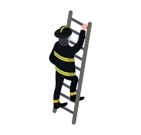 Male character fireman training climb ladder, professional firefighter in full suit isolated on white, isometric vector illustration. — Stock Vector