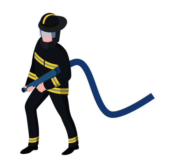 Carácter masculino profesional bombero extinguir fuego de pie con manguera de agua aislado en blanco, ilustración vector isométrico. — Vector de stock