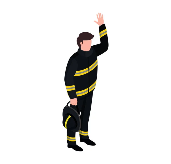 Carácter masculino profesional bombero extinguir fuego de pie con manguera de agua aislado en blanco, ilustración vector isométrico. — Vector de stock