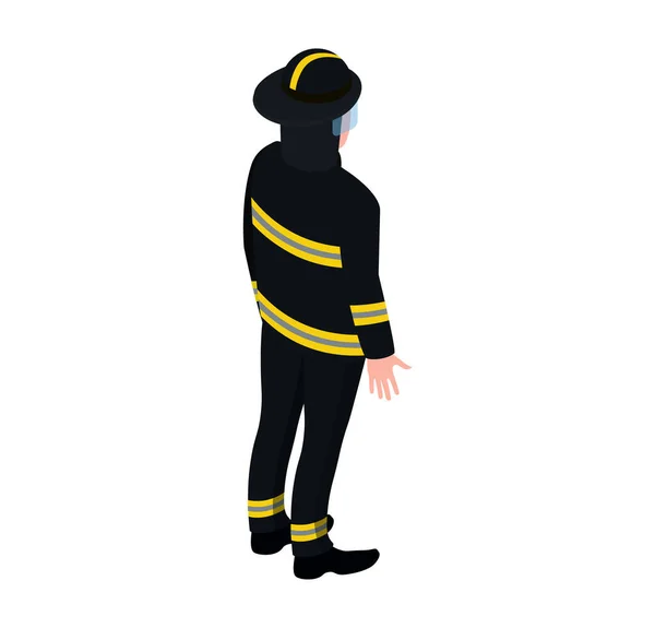 Carácter masculino profesional bombero extinguir fuego de pie con manguera de agua aislado en blanco, ilustración vector isométrico. — Vector de stock