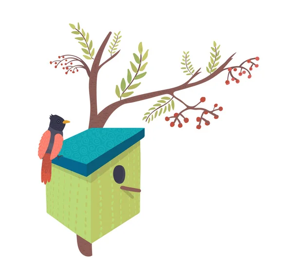 Dekorativa fågel handgjorda hus, hem för vilda djur karaktär fjäderfä isolerad på vit, tecknad vektor illustration. Mysig blå häckande låda. — Stock vektor