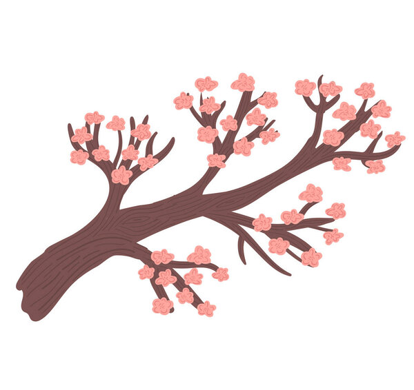 Decorative pink sakura tree concept, oriental cherry blossom, asian style wooden isolated on white, cartoon vector illustration.