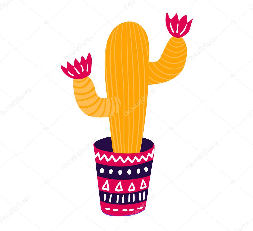 Festively adorned mexican cactus, typical holiday mexico concept traditional stuff icon isolated on white, flat vector illustration.
