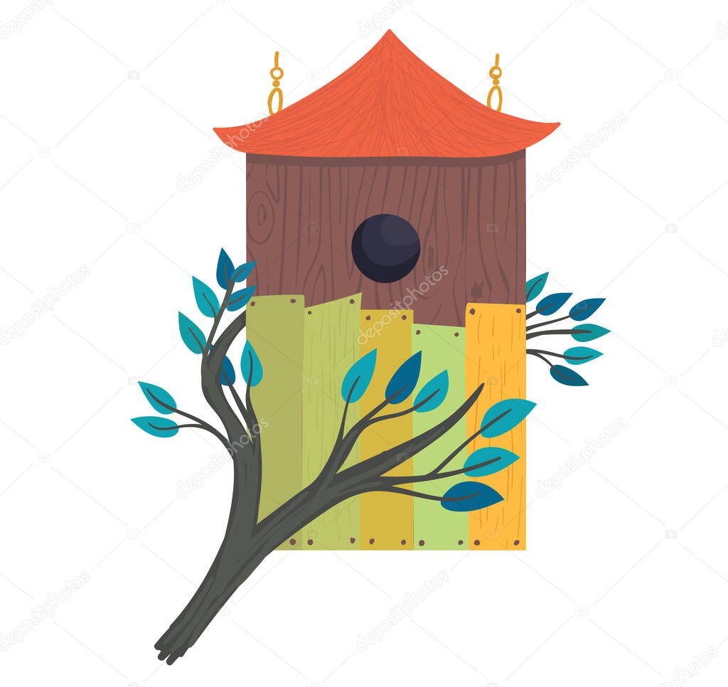 Decorative bird handmade house, home for wildlife character poultry isolated on white, cartoon vector illustration. Cozy blue nesting box.