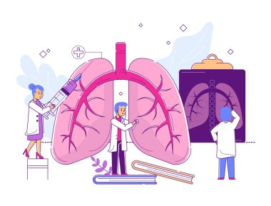 Küçük karakter, profesyonel doktor, erkek bilim kadını, beyaz, düz vektör illüstrasyonunda izole edilmiş organ hastalığı..