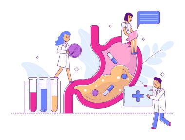Küçük doktor takımı insan midesi üzerinde çalışıyor, çizgi karakteri erkek kadın bilim adamı deneyleri beyaz, düz vektör çizimleri üzerinde izole edilmiş..