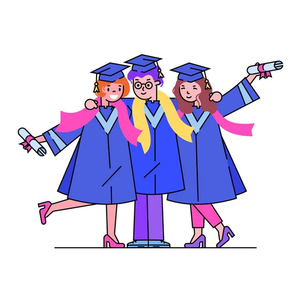 Vrolijke groep vrouwelijke studenten vieren universitaire diploma-uitreiking, vrouw samen knuffelen en houden diploma geïsoleerd op wit, lijn platte vector illustratie. — Stockvector